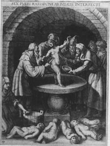 Known as the Blood Libel - The accusation of ritual murder by the Jews began in medieval England when a Christian boy disappeared. The local population, already predisposed to blaming Jews for all the ills of the world, was quick to blame the Jews of kidnapping the boy to extract his blood to make Passover bread. An insane accusation as Jewish Law strictly prohibits the consumption of blood